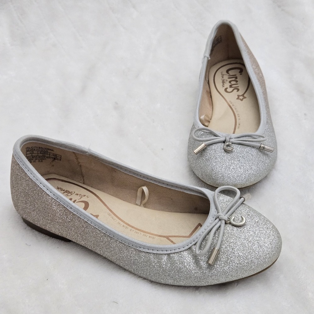 Circus by Sam Edelman Girl Ballerina Flats Silver Gold Glitter‎ Bow Sz 2